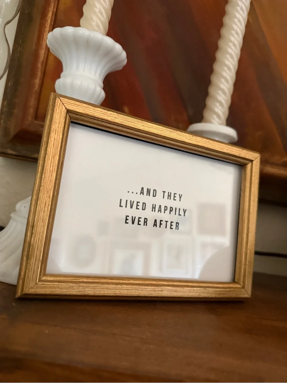 New happily ever after wedding couple in vtg 4x6”Gold Frame Inspirational Quote